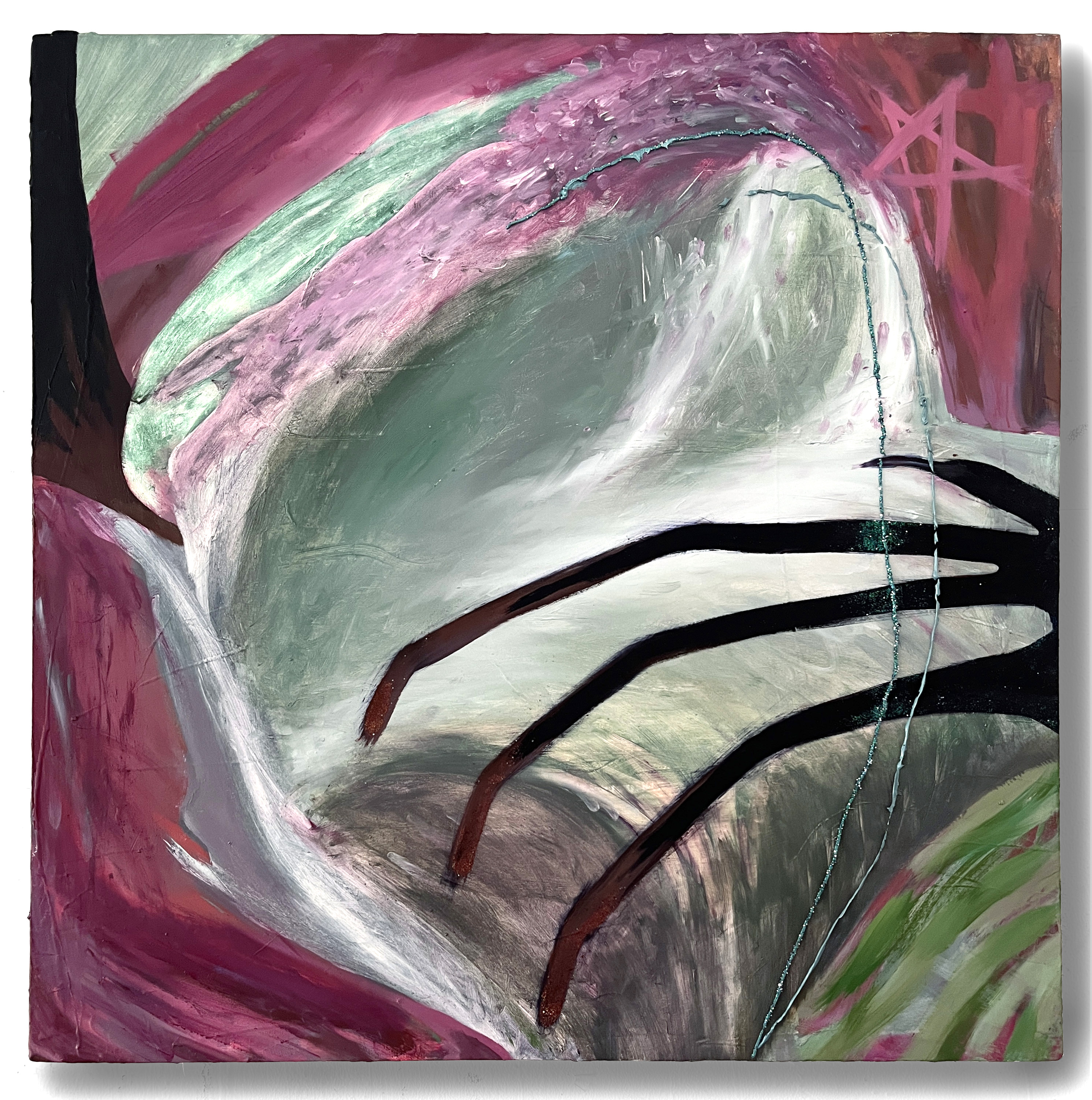 Water Cave Spider, 30x30_, oil, glitter and interference pigment on canvas, 2026, AVAILABLE